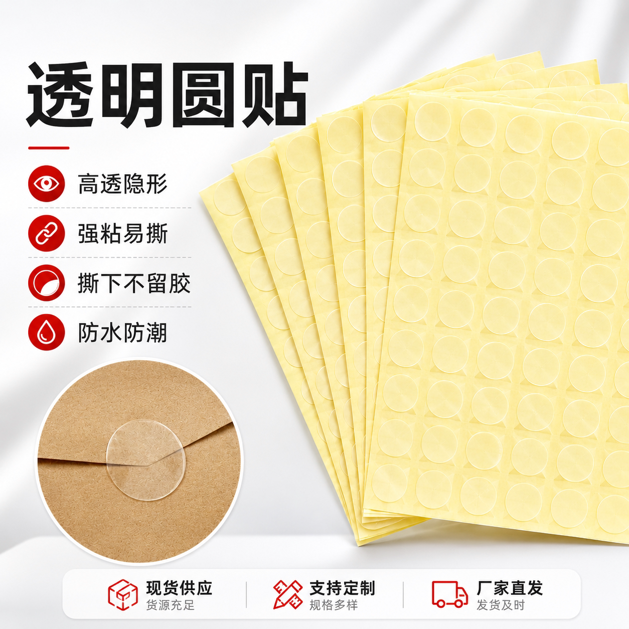 透明圆形封口贴强粘不干胶适用信封封箱支持LOGO定制印刷