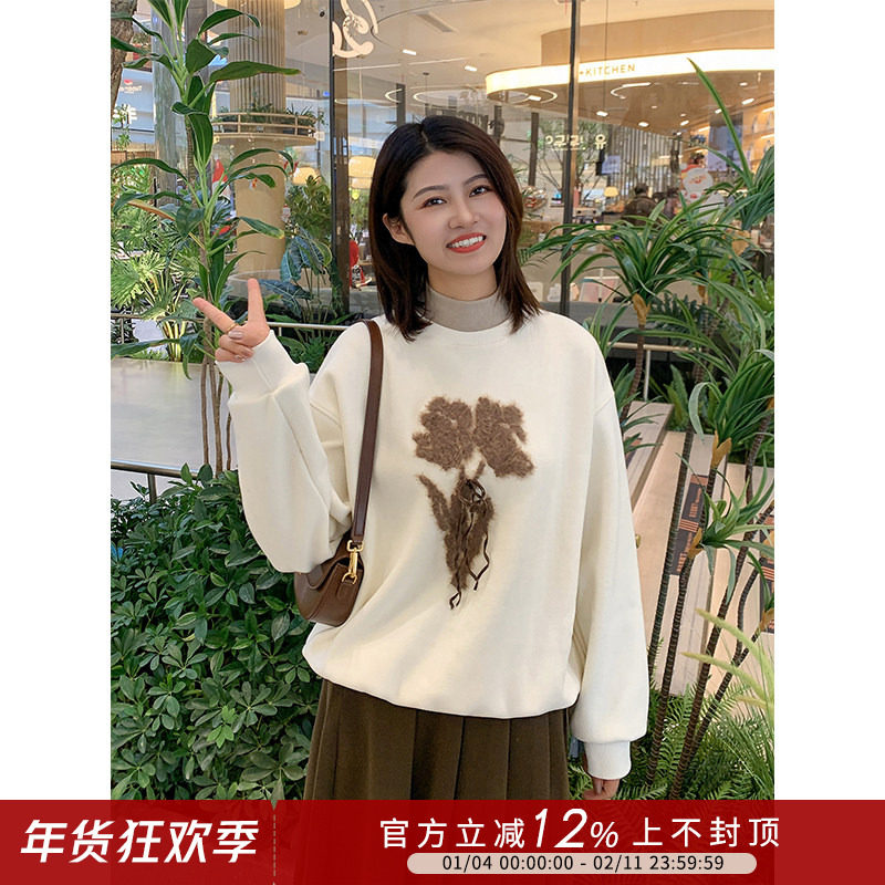 紫璐莱冬日玫瑰~复古宽松设计植绒玫瑰花刺绣半高领加绒卫衣女12X