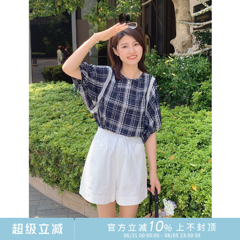 格子花边设计感短袖衬衫