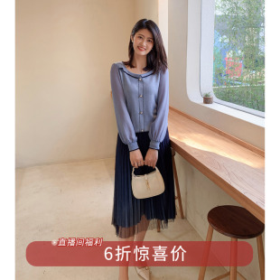 小方领雪纺拼接羊毛针织衫 气质法式 6折福利款 女春Z327 5.31