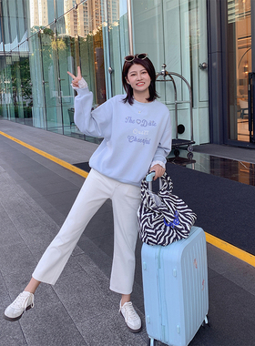 紫璐莱百搭自由~早春新款蓝色宽松显瘦直筒小个子九分牛仔裤女68X