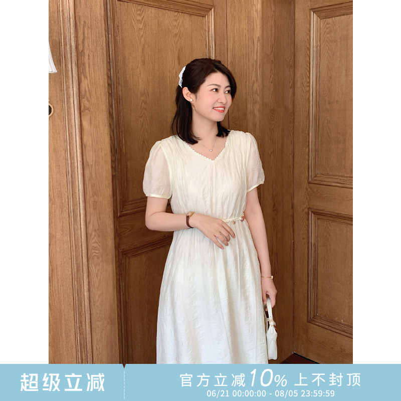 紫璐莱碧水轻云~法式温柔v领设计感串珠收腰显瘦气质连衣裙女964X
