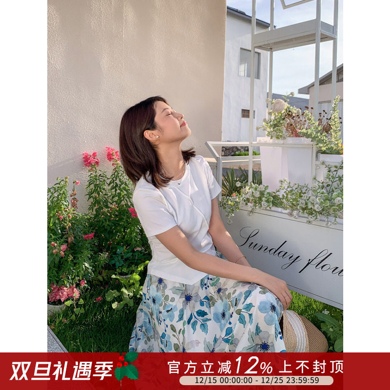 斜线拼接设计不规则正肩短袖T恤