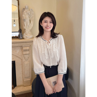 上衣女05X 圆领衬衫 紫璐莱青蓝与云 文艺风天丝苎麻木耳花边七分袖