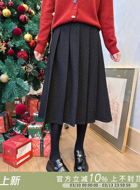 紫璐莱星芒~小个子秋冬高腰显瘦复古波点a字百褶毛呢半身裙女08X