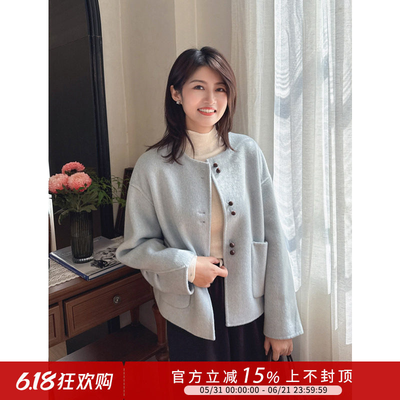 紫璐莱蘑菇舞曲~韩系宽松蘑菇扣设计羊毛双面呢大衣女短款外套87X
