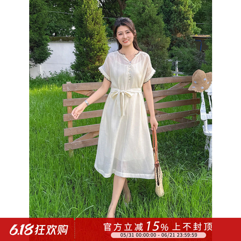 紫璐莱长夏月光~法式气质温柔风白色V领短袖系带收腰连衣裙女47X