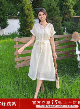 紫璐莱长夏月光~法式气质温柔风白色V领短袖系带收腰连衣裙女47X