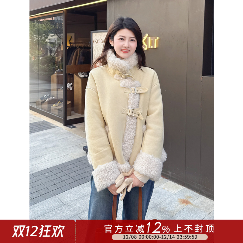 翻领设计加绒加厚麂皮绒外套