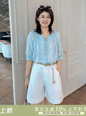 紫璐莱漫夏时光~法式温柔风刺绣镂空蕾丝系带灯笼袖衬衫上衣女79X