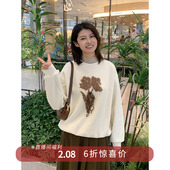 6折福利款 2.8 复古宽松设计植绒玫瑰花刺绣半高领加绒卫衣女