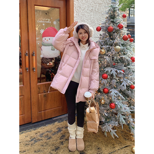 紫璐莱冬日暖礼~飘带设计感立领连帽小个子中长款羽绒服外套女86X