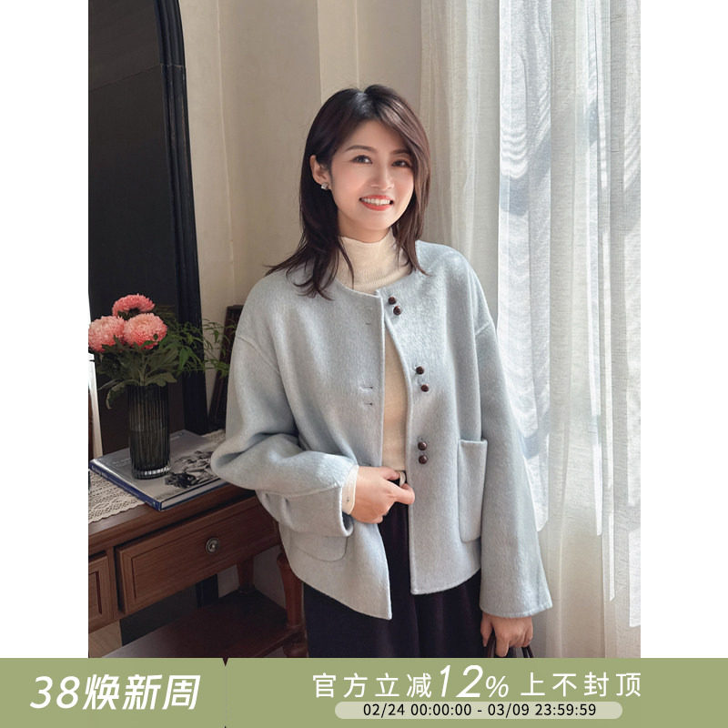 紫璐莱蘑菇舞曲~韩系宽松蘑菇扣设计羊毛双面呢大衣女短款外套87X