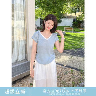 设计感撞色拼接v领褶皱收腰假两件针织短袖 紫璐莱拂夏 T恤上衣80X