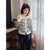 翻领黑白条纹气质显瘦双拉链针织开衫 紫璐莱钢琴家 经典 上衣女20X