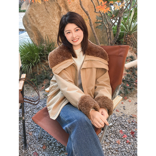 紫璐莱绒与羽~韩系复古大翻领羊羔毛加厚保暖派克羽绒服外套女