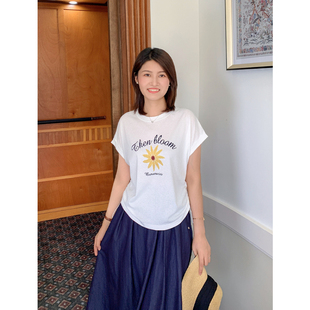 T恤929X 韩系减龄花朵印花侧腰抽褶设计感宽松短款 紫璐莱夏天 风