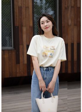 紫璐莱杏仁豆腐~100棉宽松透气艺术感油画印花短袖T恤上衣女162W