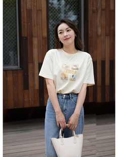 紫璐莱杏仁豆腐 T恤上衣女162W 100棉宽松透气艺术感油画印花短袖