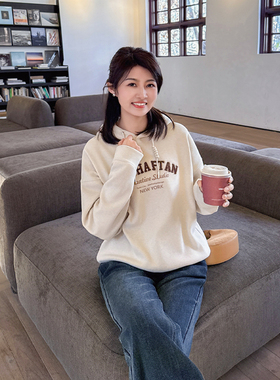 紫璐莱早春行~美式复古字母毛巾绣加绒保暖宽松休闲连帽卫衣女22X