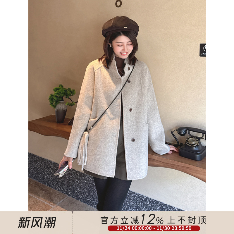 气质小个子配包包双面呢羊毛大衣