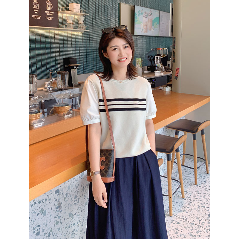 假两件拼接条纹针织衫短袖T恤