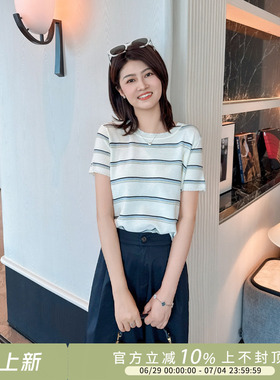 紫璐莱夏日航海~莱赛尔清爽条纹圆领显瘦基础短袖针织衫上衣女94X
