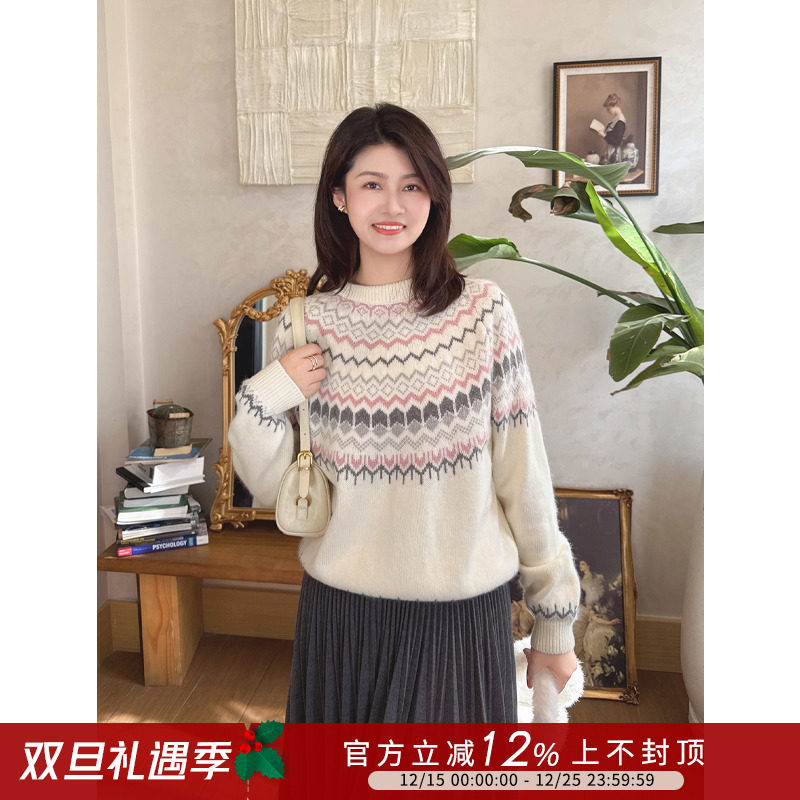 复古圆领宽松浣熊绒费尔岛毛衣