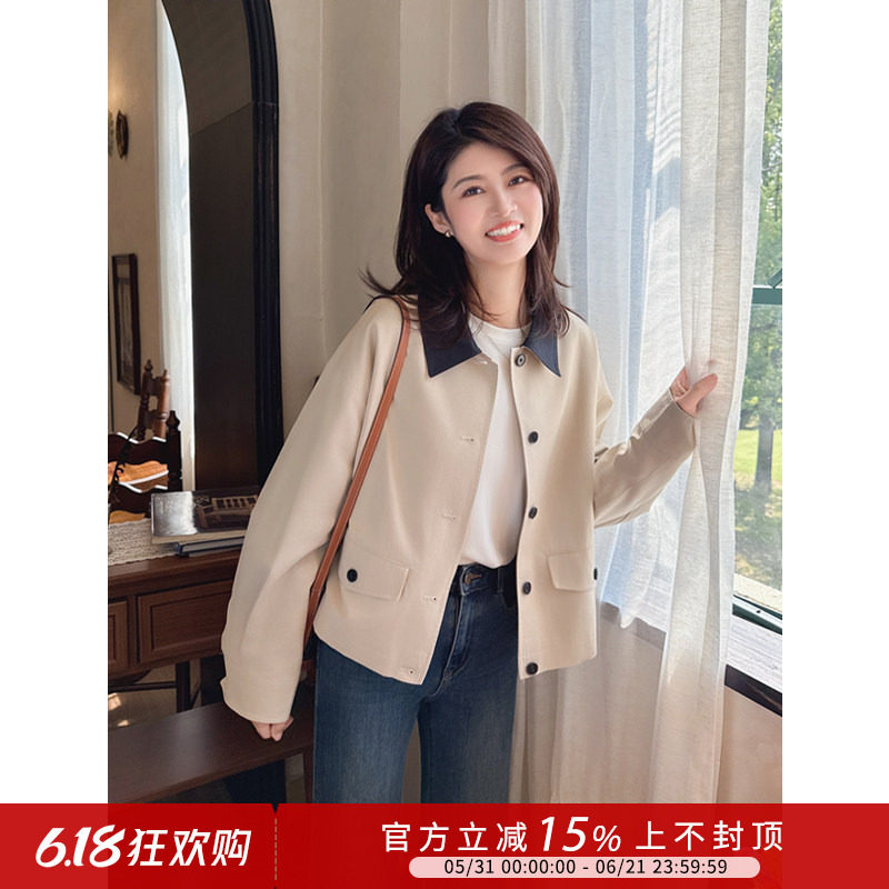 紫璐莱惬意旅行~巴恩风撞色翻领小个子短款宽松休闲风衣外套女63X