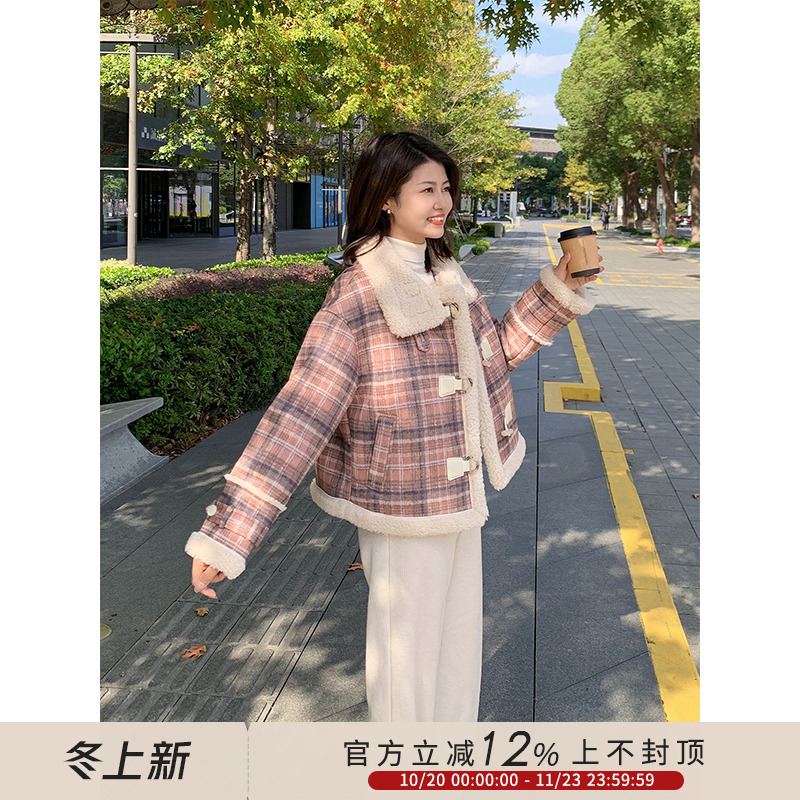 紫璐莱复古格子羊羔毛保暖短外套