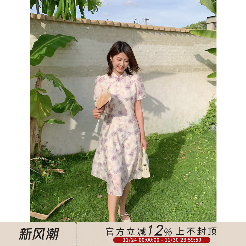 新中式国风印花改良式旗袍连衣裙