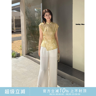 新中式 提花上衣 紫璐莱夏清风 天丝短袖 女982X 缎面阔腿裤 两件套装