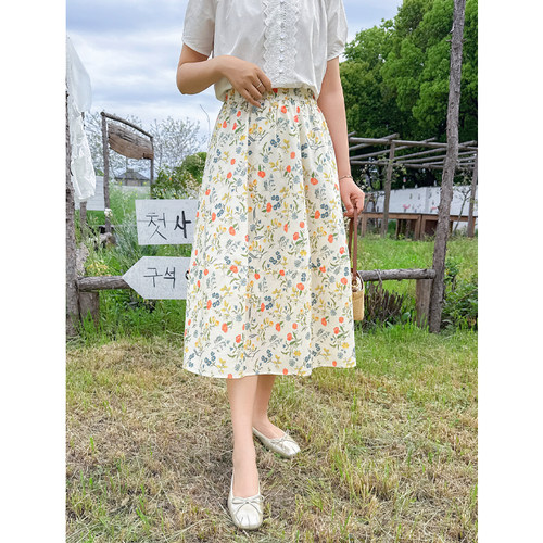 小清新碎花纯棉中长款半身裙