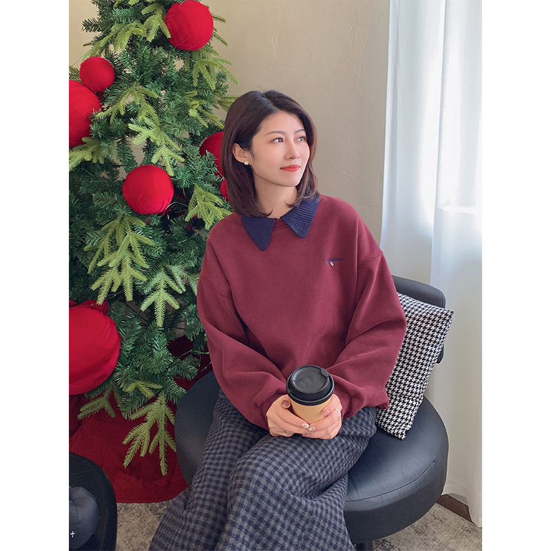 紫璐莱随性时光~美式复古撞色针织翻领字母刺绣加绒宽松卫衣女82X