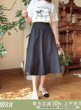 紫璐莱南法庄园~蝴蝶结系带设计感黑色松紧腰显瘦A字半身裙子3117