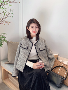 紫璐萊黑茶香香 外套女2153 復(fù)古小香風(fēng)撞色高級感粗花呢短款 法式