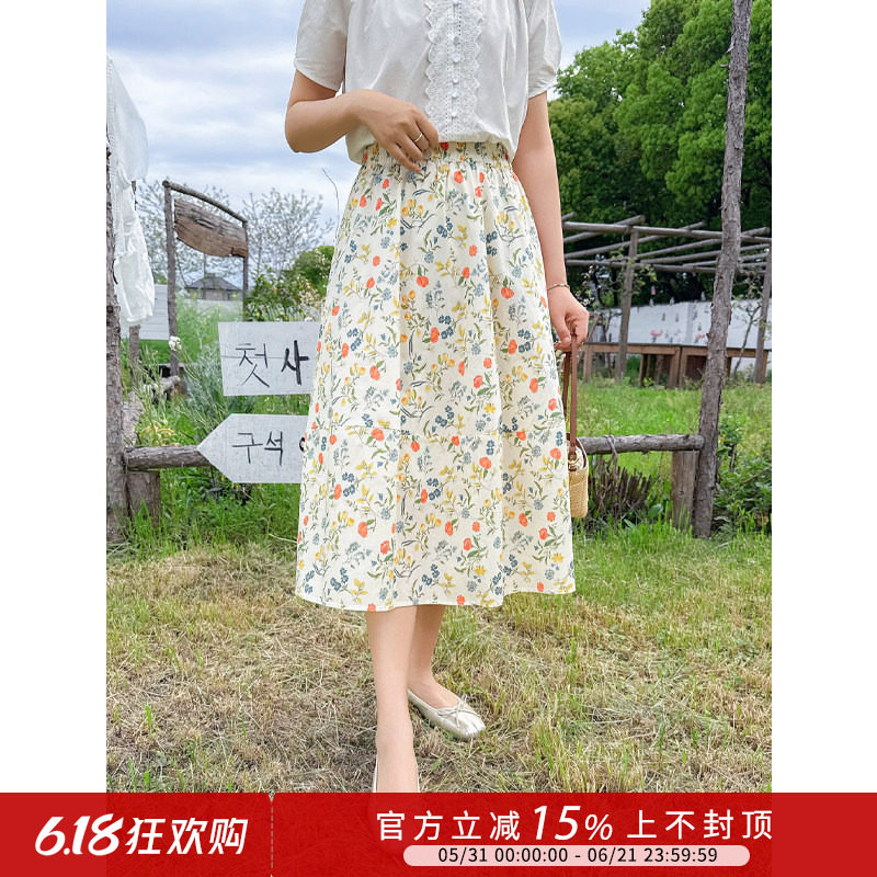 紫璐莱夏花初绽~复古文艺田园风小清新碎花纯棉中长款半身裙33X
