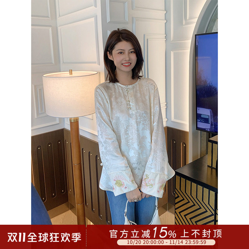 紫璐莱飞花逐月~新中式国风宽袖口刺绣提花拼接圆领长袖衬衫女29X