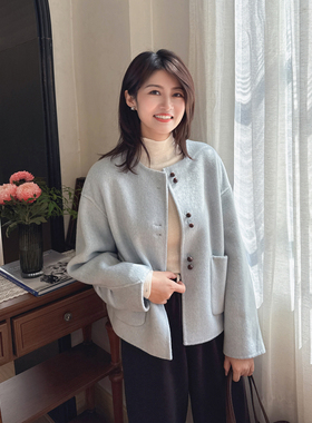 紫璐莱蘑菇舞曲~韩系宽松蘑菇扣设计羊毛双面呢大衣女短款外套87X