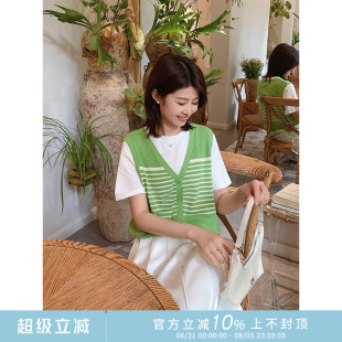 紫璐萊條紋日記 上衣女82X 針織衫 減齡韓系條紋拼接假兩件圓領(lǐng)短袖