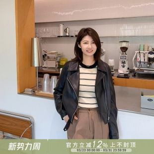 复古休闲时髦高级感皮衣外套女74X 美式 紫璐莱西西里岛 小个子短款