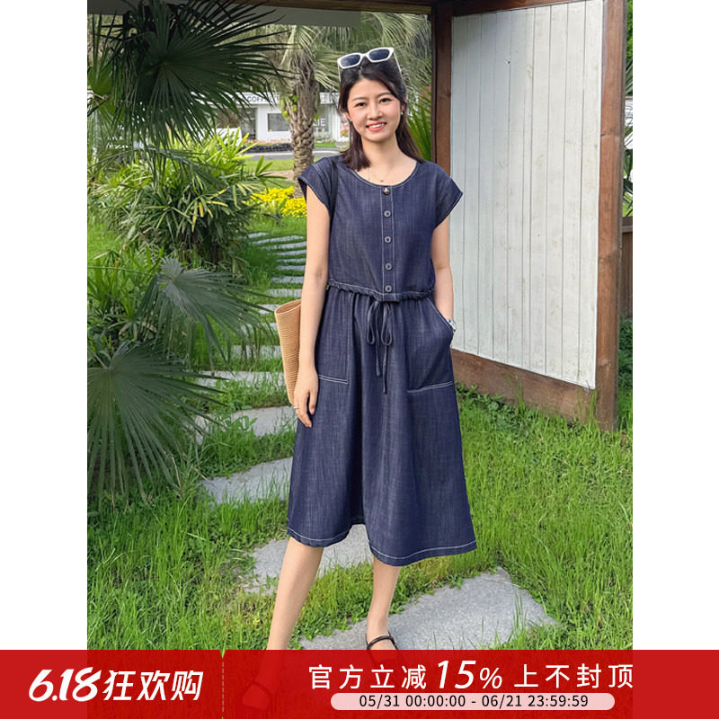 紫璐莱夏风自在~复古气质设计感抽绳收腰显瘦假两件牛仔连衣裙82X