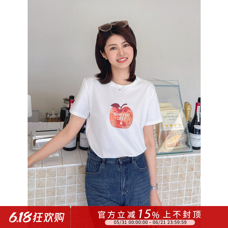 紫璐莱苹安果~夏日苹果字母珠绣ins风宽松休闲凉感短袖T恤上衣73X