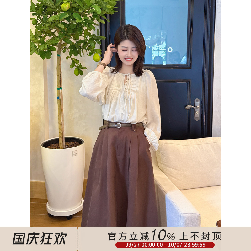 法式温柔慵懒风胸前系带打缆衬衫