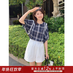 紫璐莱定格浪漫~法式格子花边设计感宽松圆领泡泡袖衬衫上衣女97X