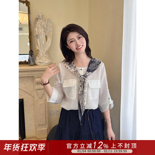 紫璐莱小城姑娘~复古民族风透气微透印花拼接丝巾薄款衬衫上衣07X