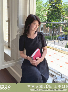 紫璐莱夏日清凉~法式气质收腰莱赛尔暗纹提花方领短袖连衣裙女73X