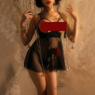 幸己-恰好是午夜-赠贴蕾丝捆绑网纱透视镂空性感睡裙T裤套装Sself