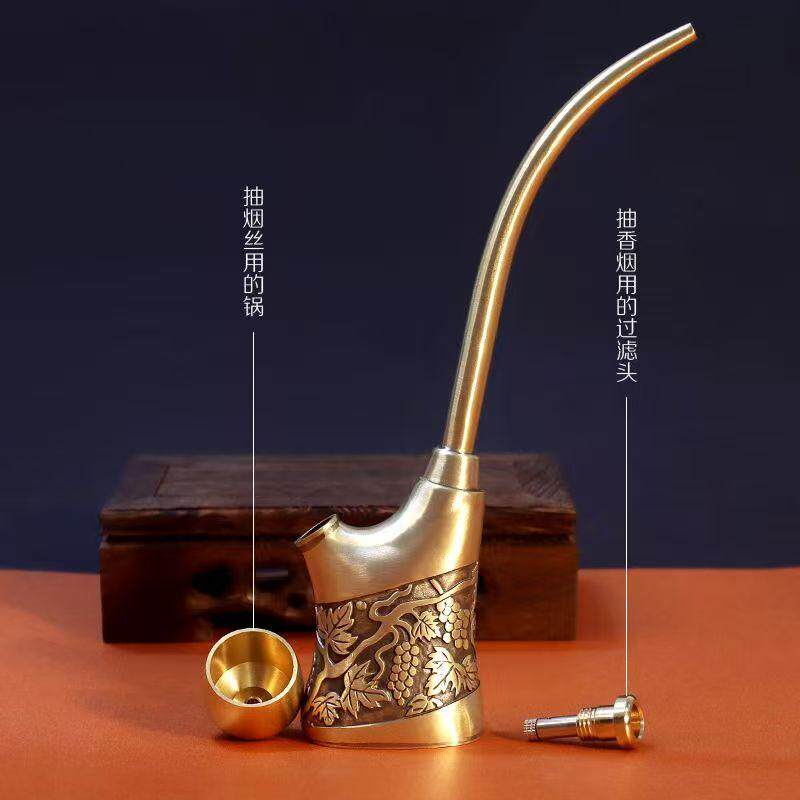 纯黄铜粗中细烟多用型水烟袋锅