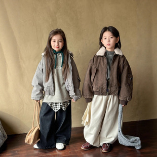 2025冬季新款韩版儿童巴恩风翻领棉衣男女童短款撞色毛领加厚夹克